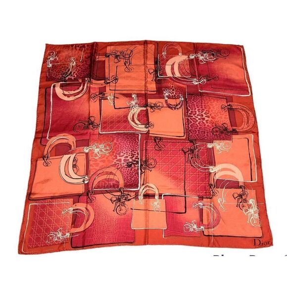 Christian Dior Red and Orange Silk Scarf 25×25 - Picture 1 of 8